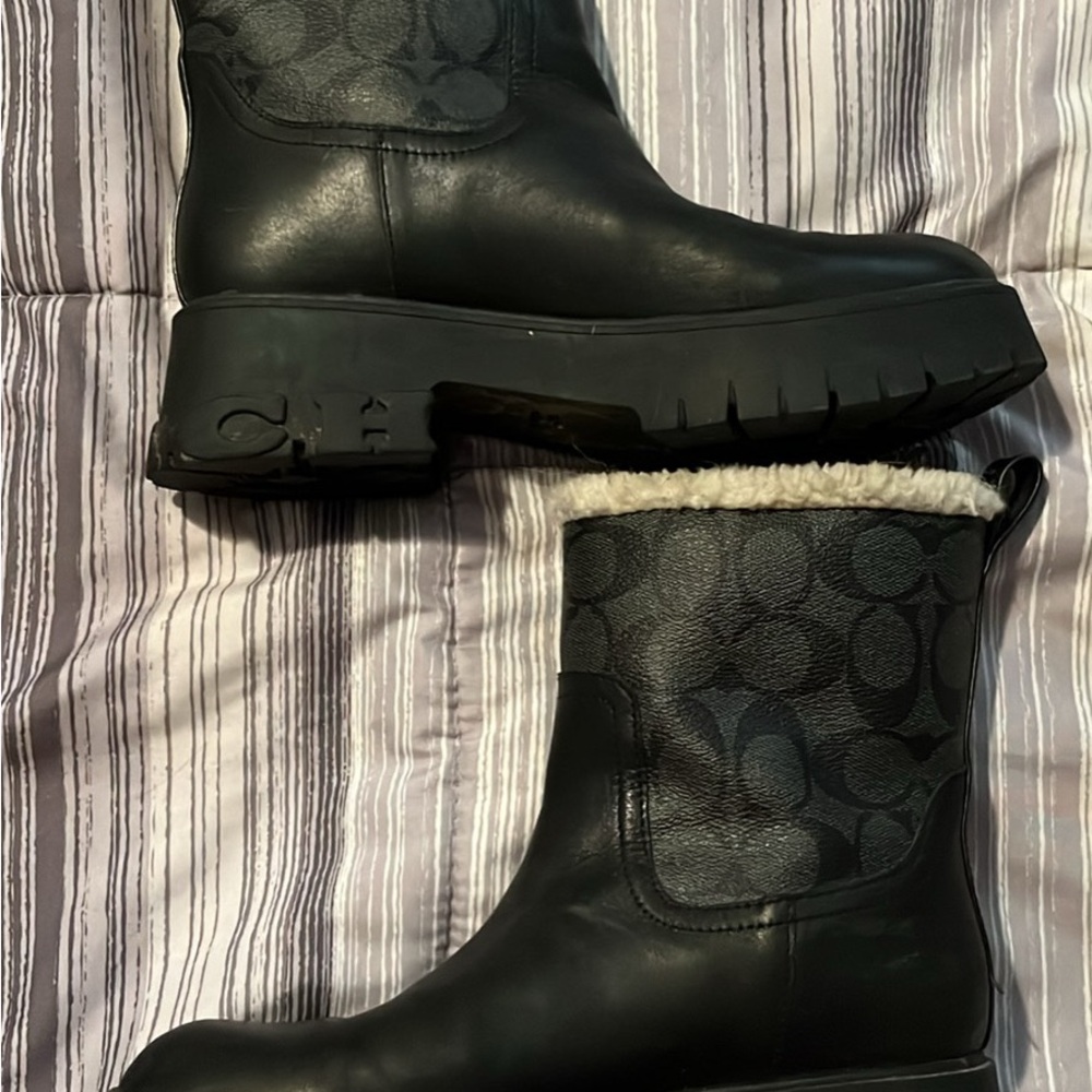 Coach Black Leather Ankle Boots with Logo Panel and Shearling Trim
